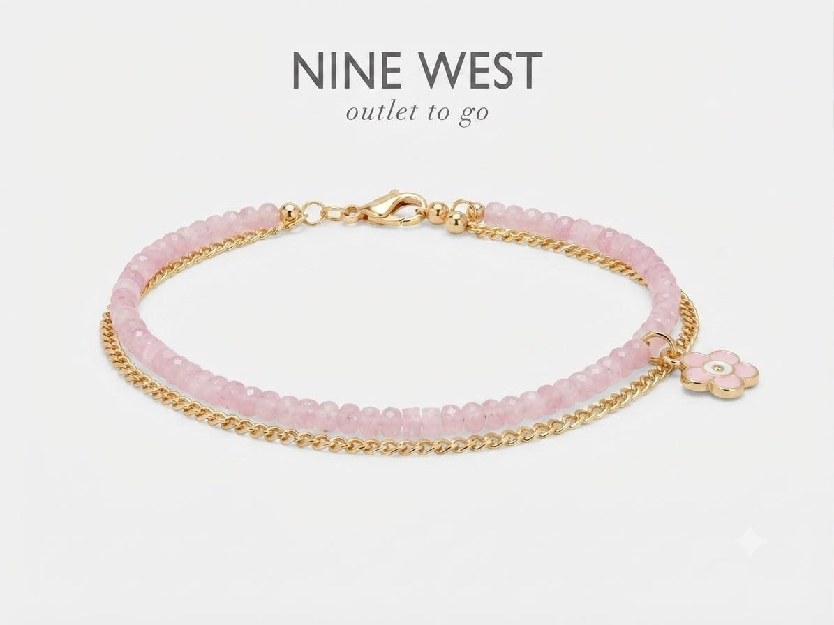 Nine West Tobillera Pulsera Dorada con piedras rosa  y con Charm de flor