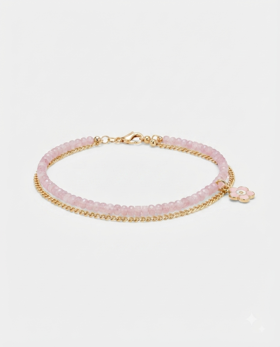 Nine West Tobillera Pulsera Dorada con piedras rosa  y con Charm de flor
