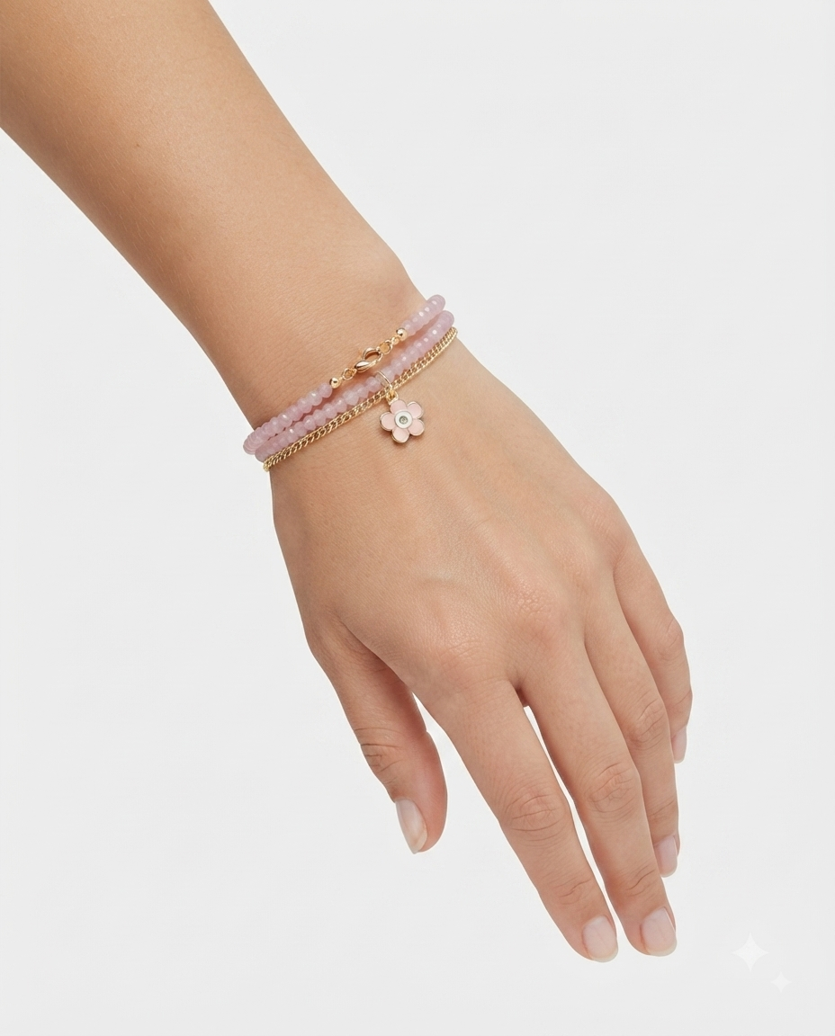 Nine West Tobillera Pulsera Dorada con piedras rosa  y con Charm de flor