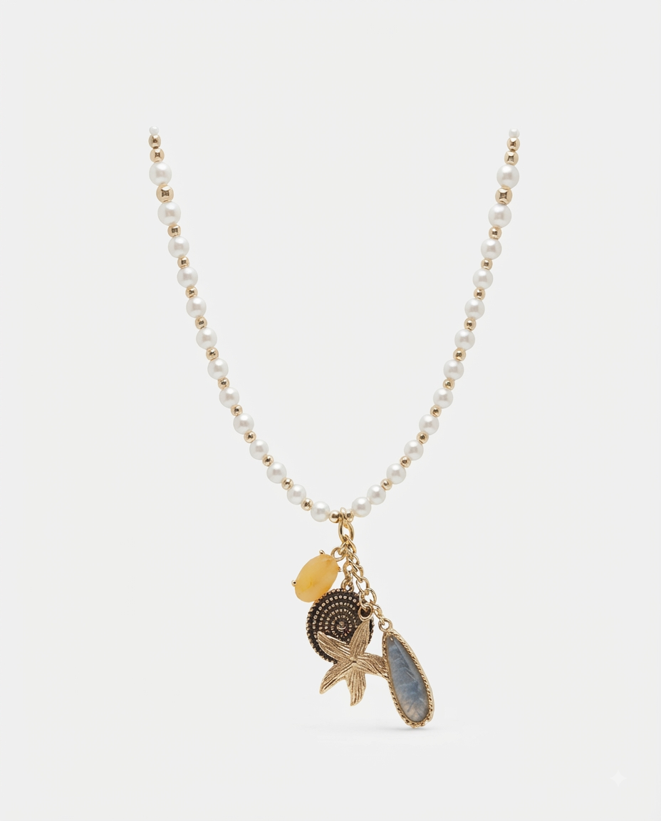 Nautica Collar Perlas y Dijes Náuticos Dorado