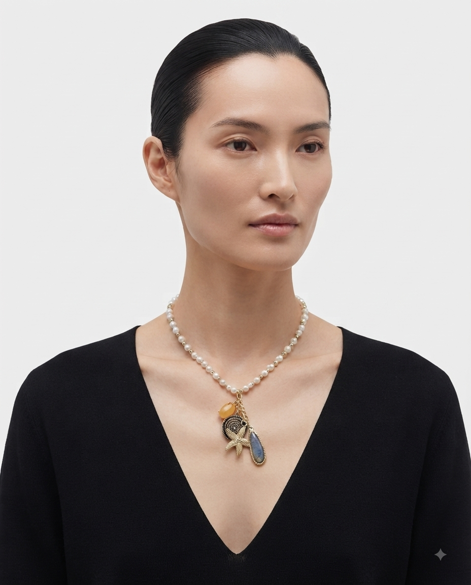 Nautica Collar Perlas y Dijes Náuticos Dorado