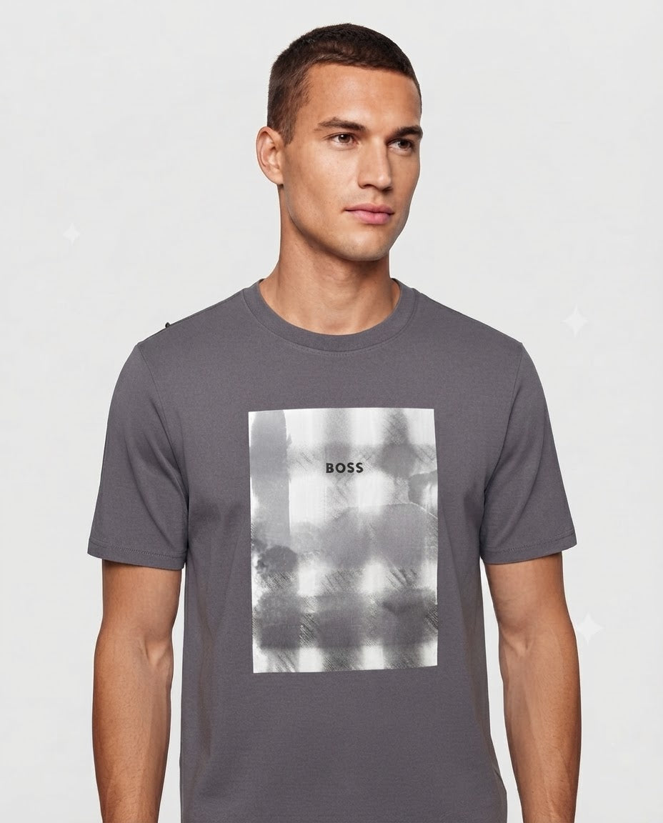 BOSS Playera Gris Gráfico Cuadro Frontal