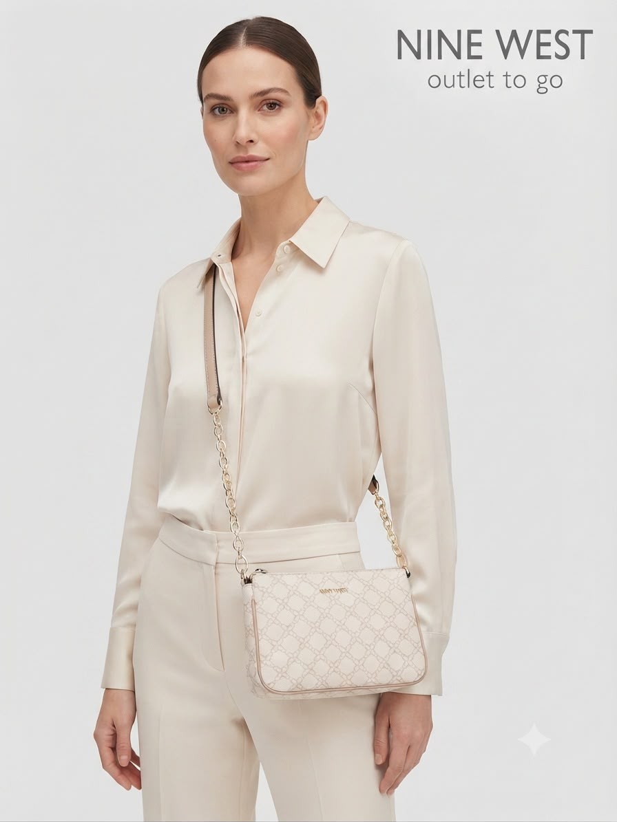 Bolsa Crossbody Nine West Monograma Crema con Cadena Dorada